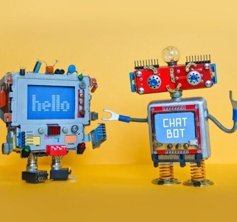 Chat bot robot welcomes android robotic character. Creative design toys on yellow background