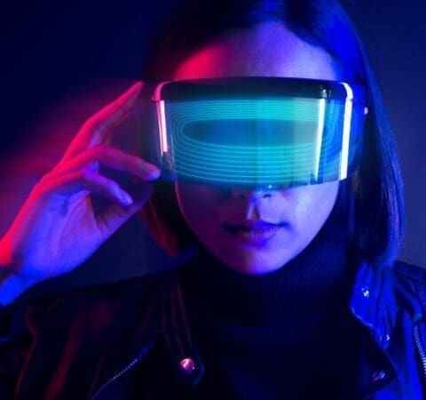 Woman in glasses augmented reality blue social media cover