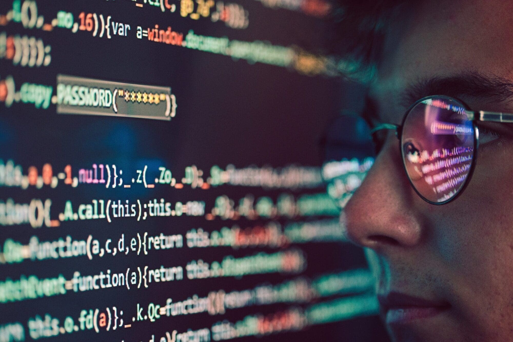 Hacker using computer, smartphone and coding to steal password and private data