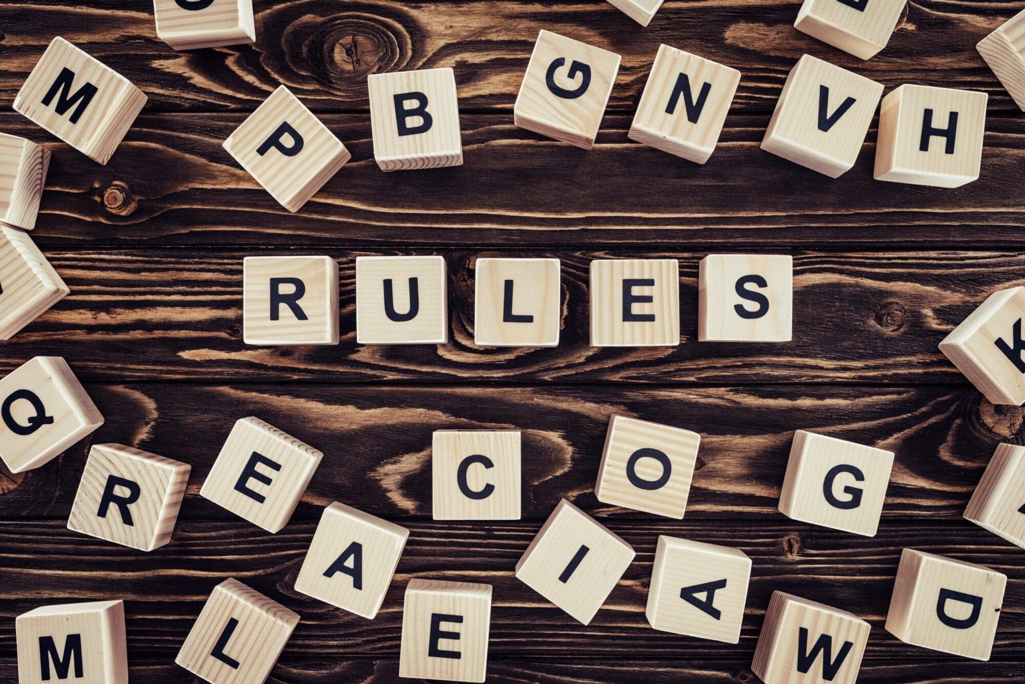 top view of rules word made of wooden blocks
