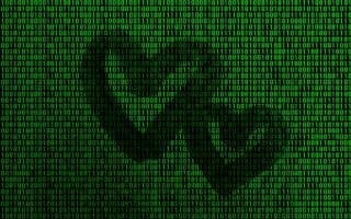 Binary code from bright green figures, through which the shape of the heart is visible