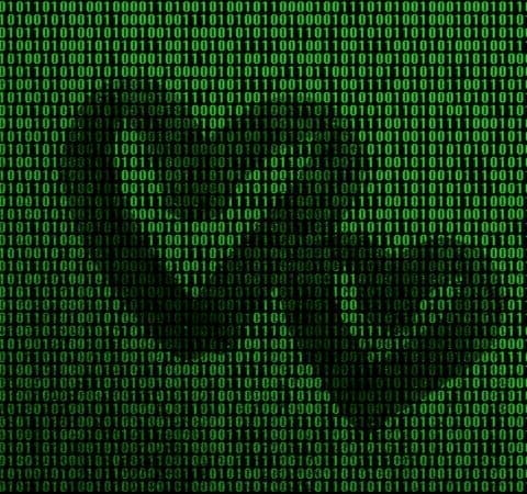 Binary code from bright green figures, through which the shape of the heart is visible
