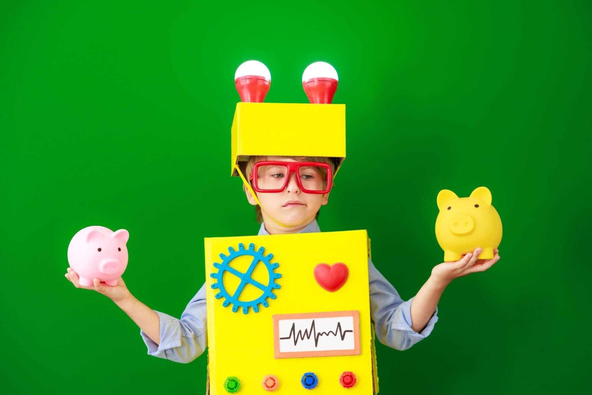 Happy child wearing a robot in school