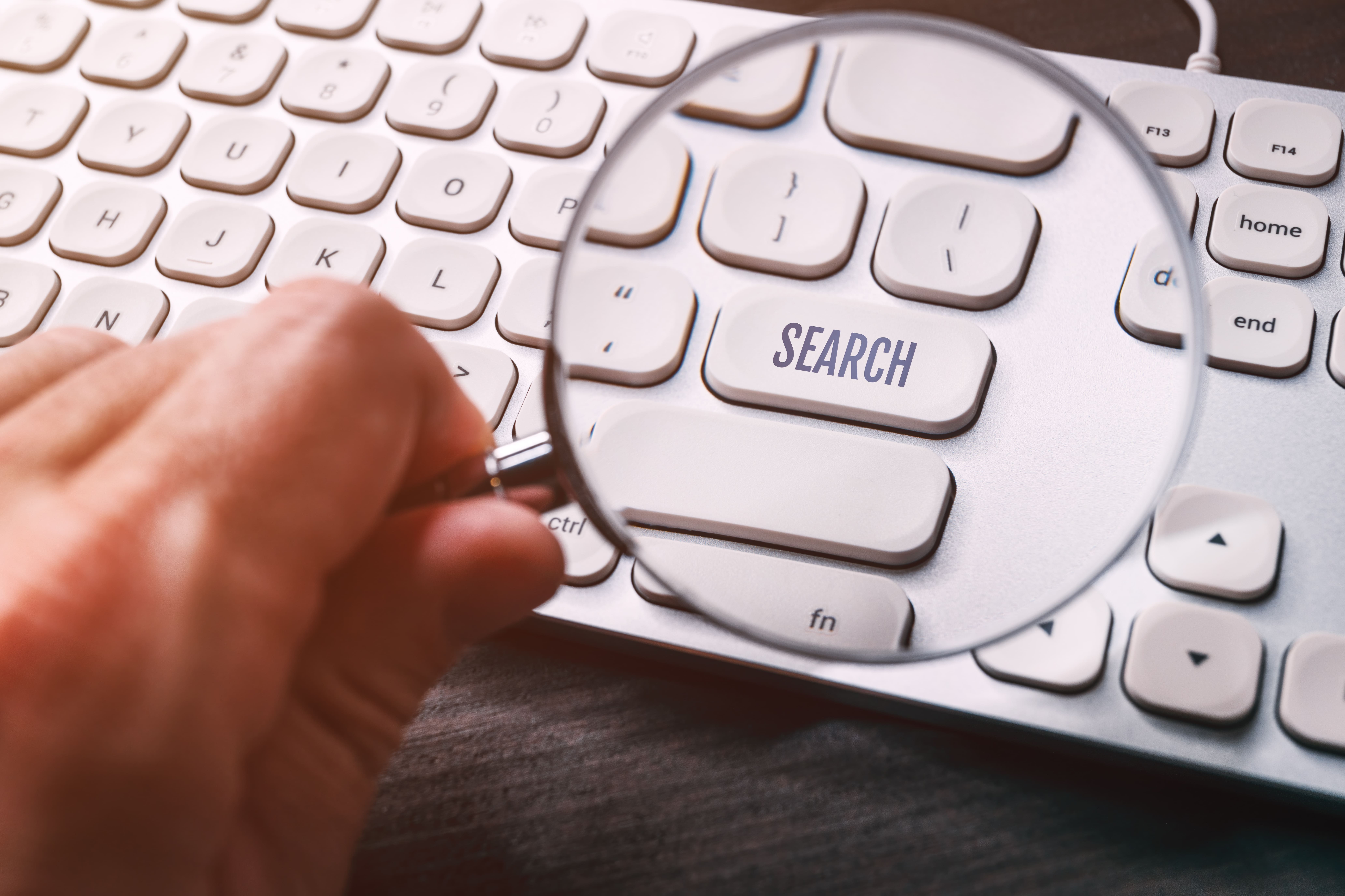 Word search on keyboard key seen through mangifying glass